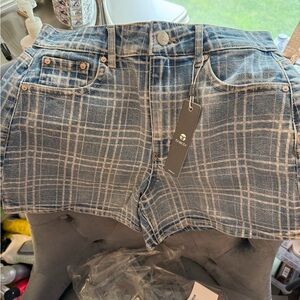 Tractr Blue and White Jean Shorts with Distressed Hem